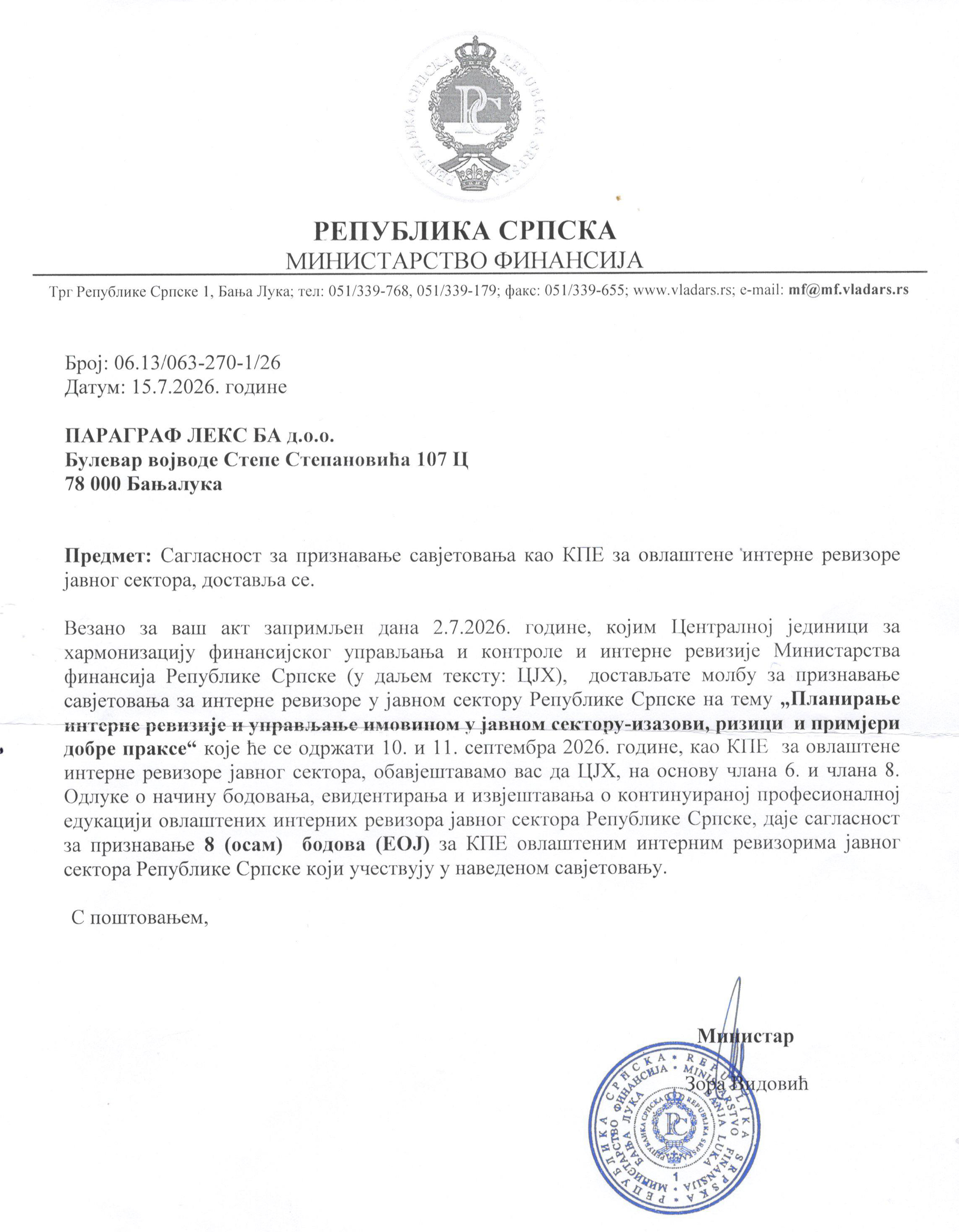 Saglasnost sa 8 bodova CHJ MF RS