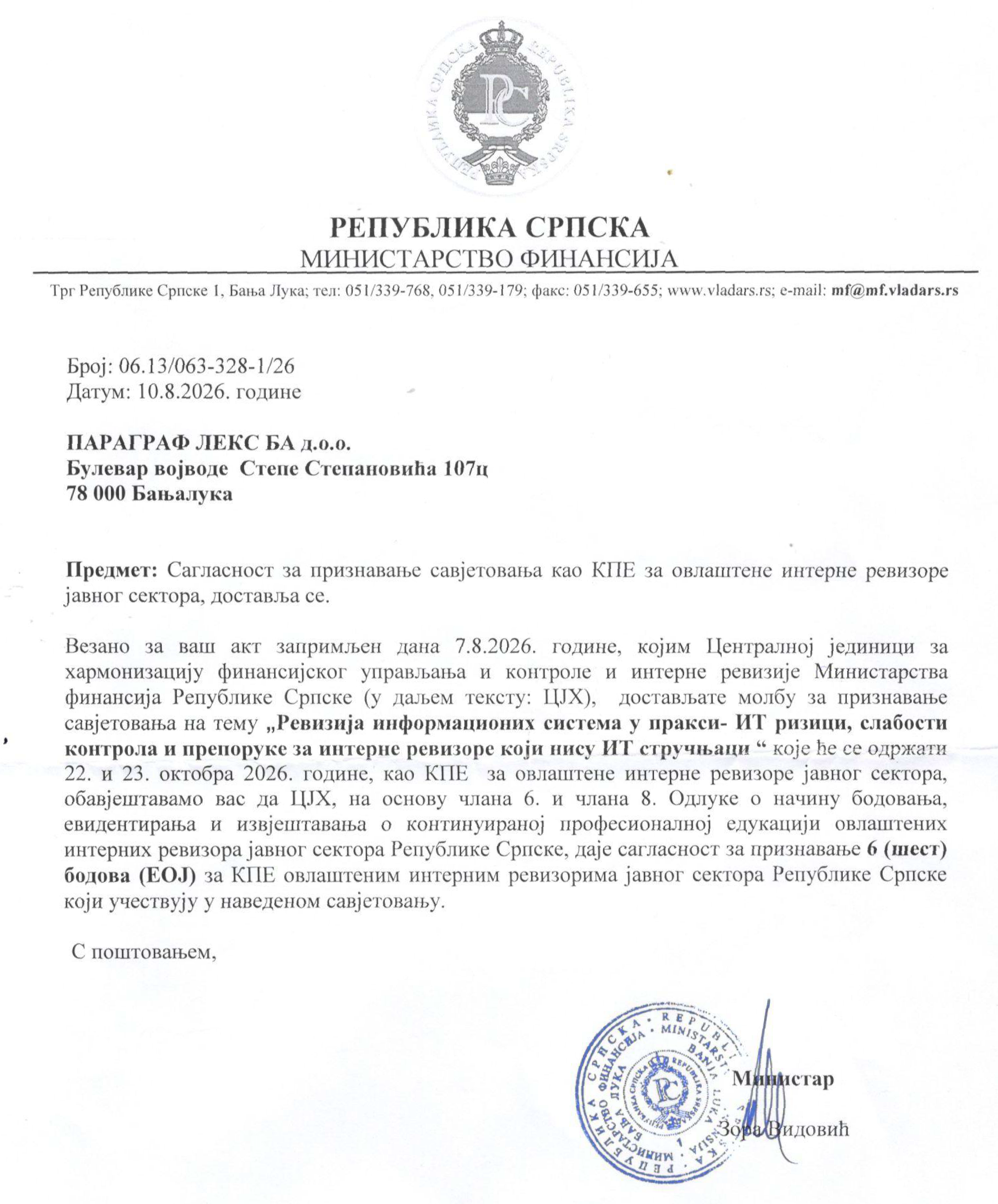 Saglasnost sa 6 bodova CHJ MF RS